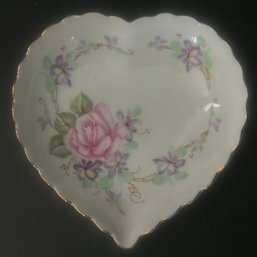 1988 Lefton China Heart Shaped Floral Design Gold Rimmed Dish