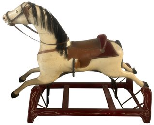 Spectacular Vintage Hand Carved Wooden Child's Mounted Rocking Horse, Glass Eyes, 50' X 16.5' X 39'H