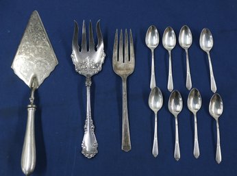 Lot Of Silverplate And Other Items - 8 Demitasse Spoons - Sheffield Cake Server - 2 Serving Forks