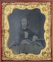 Wood Frame Daguerreotype Case With Sixth Plate Tintype Of Woman - Identified