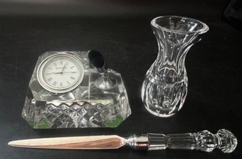 3 Pcs Vintage Waterford Lead Crystal Desk Clock, Letter Opener And Bud Vase, 4'H