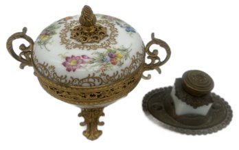 2 Pcs Antique Victorian Brass & Opalescent Glass Inkwell With Cherubs & French Depose Lidded Box With Ormolu