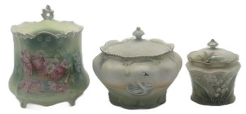 3 Pcs Stunning  Antique  RS Prussia Covered Vessels, Largest 6' Diam. X 7'H