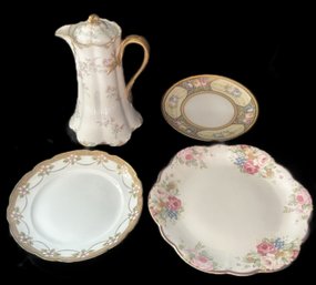 4 Pcs Vintage And Antique Porcelain, Limoges Chocolate Pot, 10.5'H. RS Prussia Plate And 2-Other Plates