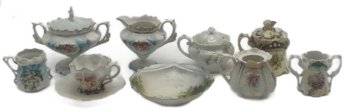 9 Pcs Various RS Prussia Creamer & Sugar, Bowl, Mustards, Toothpick Holder And Cup & Saucer