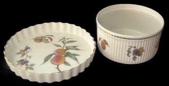 2 Pcs Royal Worcester Porcelain Eversham Backing Dishes, 10.25' Diam X 1.5' Tart & 7-3/8' X 4'H Souffle