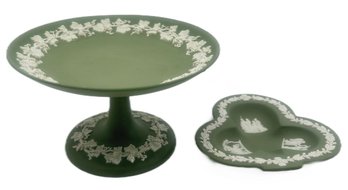 2 Pcs Vintage Green Lenox Wedgwood Spade Ashtray And Small Footed Compote, 6' Diam. X 3.5'H
