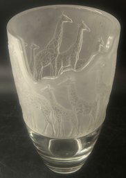 Heavy Lead Crystal Satin & Clear Giraffe Art Vase, 6' Diam. X 10.5'H