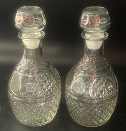 2 Pcs Vintage Pressed & Etched Glass Wine Decanters With Plastic Lined Stoppers, 4.5' Diam. X 10'H