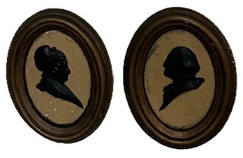 2 Pcs Pair Antique Oval Framed Black Chalk Silhouette Of George & Martha Washington, 5.5' X 6'H