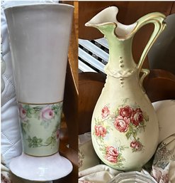 2 Pcs Antique Floral Design Porcelain - Footed Vase 4.5' X 12'H And Ewer Pitcher