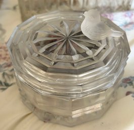 Vintage Cut Glass Covered 12-Sided Trinket Box With Frosted Bird Finial, 4' Diam. X 3.5'HContents Included