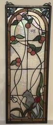 Vintage Framed Leaded Stained Glass With Tulips & Cherries, 9' X 25.5'H