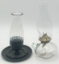 2 Pcs Vintage Lanterns, 1-Candle With Black Ashtray Base And 1-Kerosene Thumb Lantern, 12'H