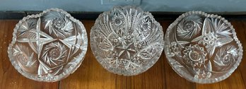 3 Pcs Heavy Deep Sharp Sawtooth Rim Cut Lead Crystal Bowls, 8' Diam. X 3.5'H