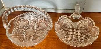 Lead Crystal Cut Basket With Applied Handle , 6' Diam. X 4.5'H And Sawtooth Candy Dish