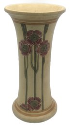 Vintage Weller Style Pottery Umbrella Or Cane Stand With Red Floral Design, 9' Diam. C 17.75'H