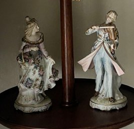 2 Pcs Matched Pair Porcelain Figurine Statues, Male Playing Violin And Female Observer