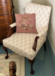 Vintage Upholstered Wing Chair With Ball & Claw Feet And Needle Point Pillow