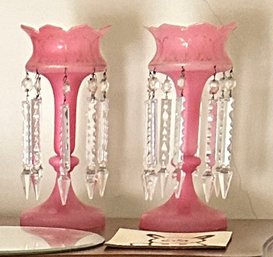 2 Pcs Matched Pair Antique  Pink Satin Glass Mantle Lusters With Gold Accents