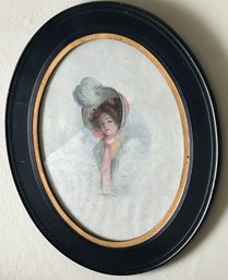 Antique Fashion Print Of Victorian Beauty In Black Oval Frame With Gold Insert, 12.5' X 15.5'H