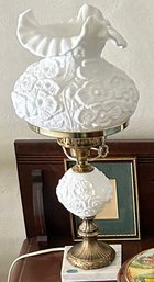 Table Lamp With Milk Glass White Floral Ruffled Shade & Font