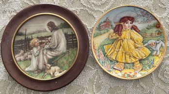 2 Pcs Vintage Porcelain Collectors Plates, Yellow Dressed Girl &Jesus & Shepherd Boy In Wooden 10' Diam. Frame