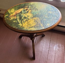 Antique Tilt-top Spider Legged Tea Table With Decoupaged Top, 21' X 14.5' X 25'H