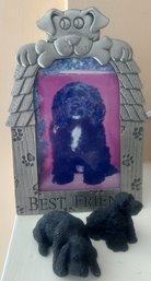 3 Pcs Pewter Dog Themed Frame And 2 Pcs Black Cocker Spaniel Figurines