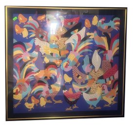 Original Vintage Chinese Jinshan Peasant Painting, Matted & Framed Under Glass, Chickens, 23.5' X 22'