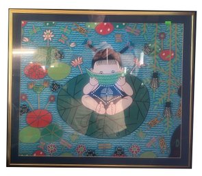 Original Vintage Chinese Jinshan Peasant Painting, Matted & Framed Under Glass, Child Eating Water Melon, 26.2