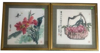 2 Pcs Pair Brocade Matted & Framed Chinese Signed Colored Ink Drawings, 26.25' Sq