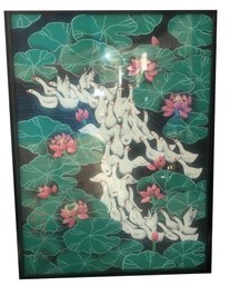 Original Vintage Chinese Signed Block Pring Of Geese, Framed Under Glass, 15-7/8' X 21-3/4'H