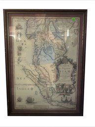 Vintage Framed Reproduction Color Map Of Old Siam (Now Thailand), 19' X 26'H