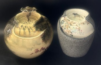 2 Pcs Chinese Tai-Hwa Pottery Table Top Foundains, One With Motor & One Without, Largest 11' Diam. X 10'H