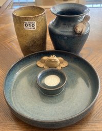 3 Pcs Studio Pottery Yellow Tumbler, Blue Bowl With Frog And Blue Raised Hip Vase, Signed S. Cornwell