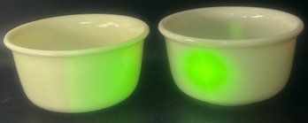 2 Pcs Vintage Hamilton Beach White & Canary Pale Yellow Uranium Glass Mixer Bowls, 9.25' Diam X 5'H