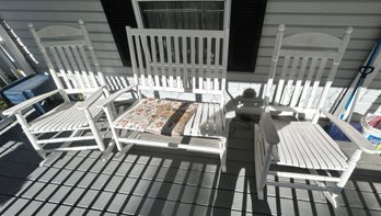 3 Pcs Porch Slat Wood Rockers, 2-Singles And 1-Double, In White Paint - 44 1/2 X 30 1/2 X 44 12'