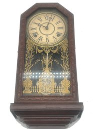 Antique Wall Clock With Gold Painted Design On Glass, 8.5' X 4' 17.5'H, Pendulum & Key Present