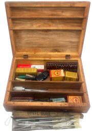 Vintage Mahogany Wooden Storage Box With Various Gun Cleaning And Related Items, 16' X 12' X 4.5'H
