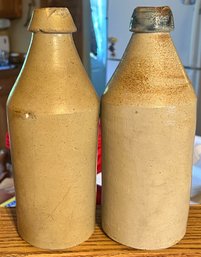 2 Pcs Antique Salt Glazed Crock Beer Bottles 4 X 9.75'