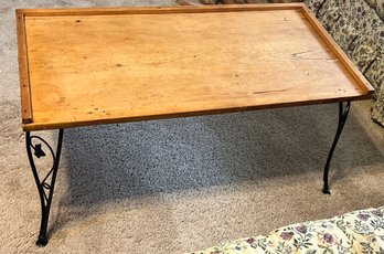 Vintage Wooden Top Coffee Table With Bent Black Iron Legs With Ivy Leaf Design 36 X 18 X 18'