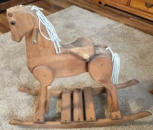 Vintage Wooden Child's Rocking Horse With Rope Mane And Tail - 27 X 9 X 25'