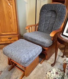 Vintage American Colonial Style Wooden And Upholstered Glider Rocker And Footstool - 24 X 26 X 49'H