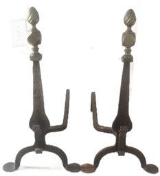 Antique Pair Wrought Iron & Brass Fireplace Andirons, 12.25' 21.25' X 24.5'H