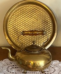 Antique Brass Tea Kettle On Bunn Feet With Amber Glass Handle & Hammered Brass Tray - 10.5 X 7.25 X 8.75'H