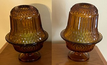 2 Pcs Pair Vintage Indiana Glass Amber Diamond Point Fairy Votive Candle Lamps - 5R X 6.5'H