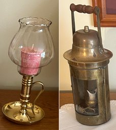 2 Pcs Candle Lighting - Brass Wedge Sherwoods Ship Binnacle Lantern  Polished Brass Chamber Stick - 4 X 9'H