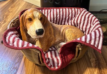 Bassett Hound Resin Statue Resting In Wicker Basket With Red & White Striped Blanket - 12 X 6.5 X 8'H