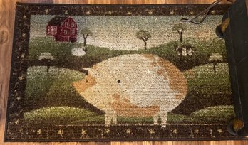 Country Primitive Style Mat Depicting A Pig - 20 X 32'